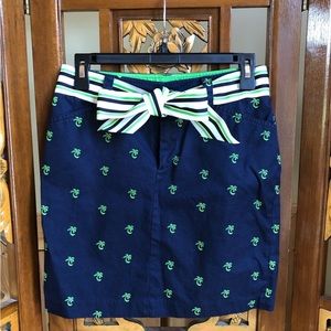 Lilly Pulitzer Palm Tree Print Skirt w Bow Belt that is navy blue & green palms